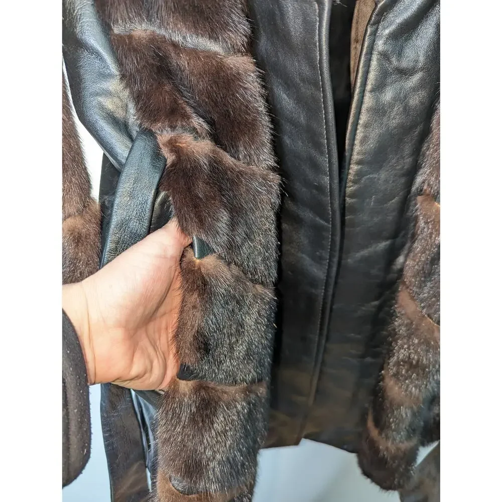 Vintage 70's Dayton's Black Leather Coat with Fur Accents Tie Waist Black Brown - Picture 10 of 14